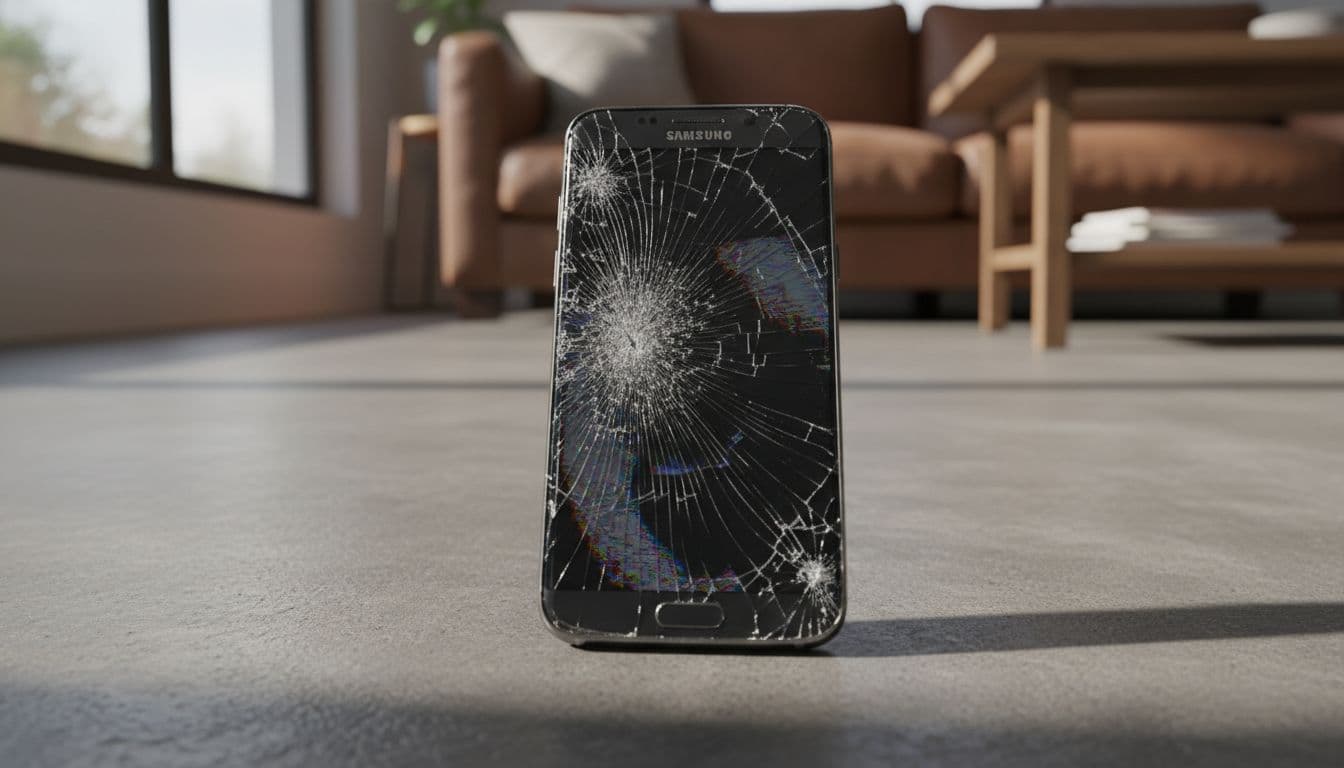 A close-up of a Samsung Galaxy smartphone dropped on a hard floor, displaying a cracked screen with unresponsive touch areas in natural daylight, realistic photography.
