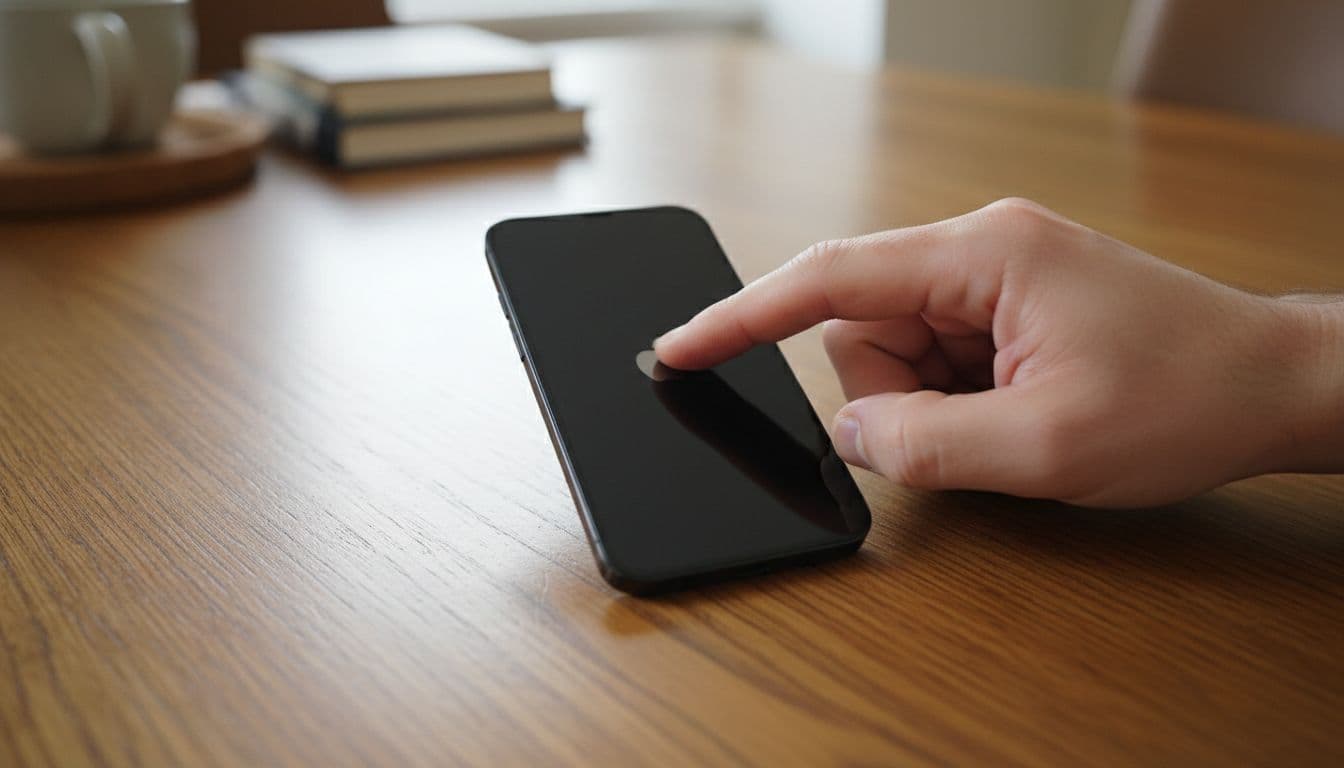 Close-up of a hand pressing the side and volume buttons on an iPhone 15 on a wooden table, illustrating the force restart sequence to safely exit recovery mode in a home setting with natural lighting.