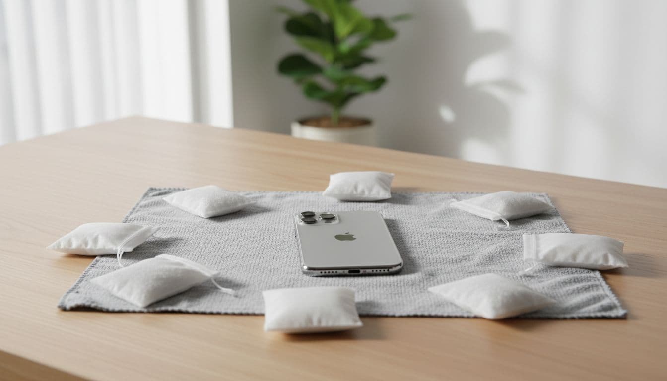 Modern iPhone placed screen down on a clean microfibre cloth in a well-ventilated room, surrounded by silica gel packets for moisture absorption, natural indoor light.