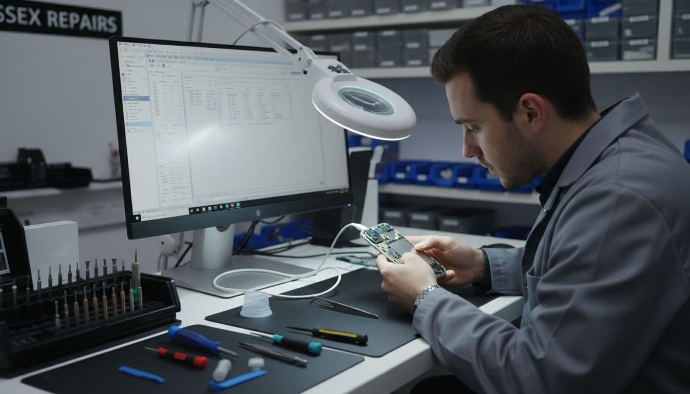 Workshop scene with a technician at a repair bench examining an iPhone connected to a computer via USB cable, tools nearby like screwdrivers and magnifier, in a clean organized repair shop interior with realistic lighting from overhead lamps.