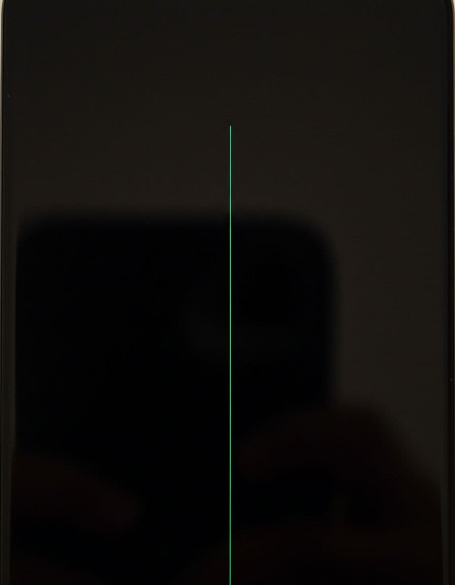 Close-up realistic photo of a Samsung Galaxy S series smartphone screen displaying a single thin vertical green line defect on a dark background, high resolution with sharp focus.