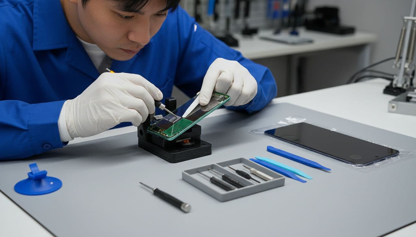 Professional repair technician in a clean workshop bench replacing the screen on a Samsung Galaxy phone, focused on the task with tools nearby.