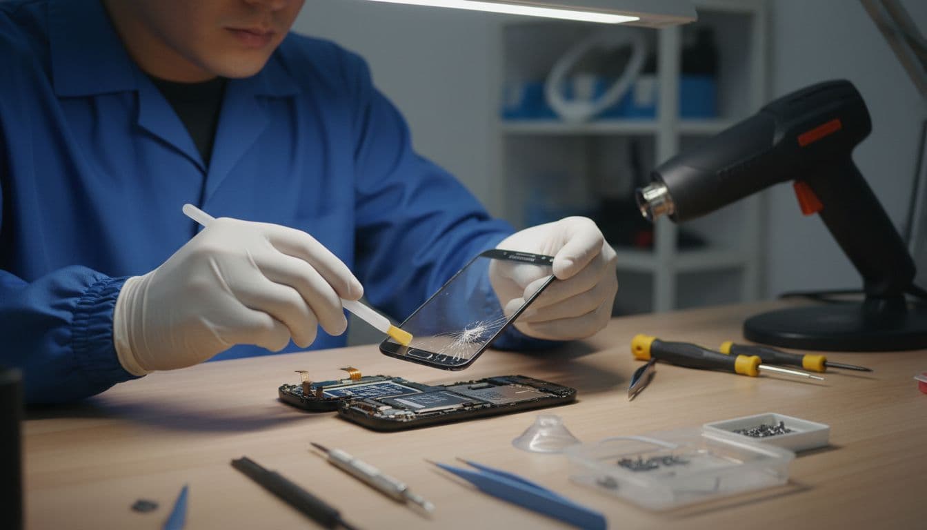 A professional technician in a well-lit repair workshop carefully replaces the touch screen digitizer on a Samsung phone using tools on a workbench.