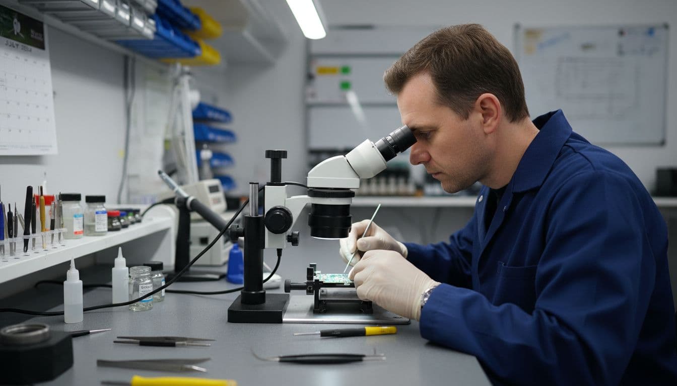 Experienced male technician in a clean UK mobile repair workshop carefully cleans corrosion from an iPhone logic board under a microscope, using precision tools on the bench with soft lighting.
