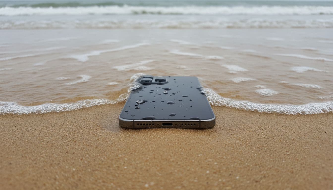 Close-up of a modern iPhone 15 lying on a sandy UK beach near shallow salt water waves, phone slightly wet with water droplets, screen facing up, natural overcast daylight, realistic photography style.