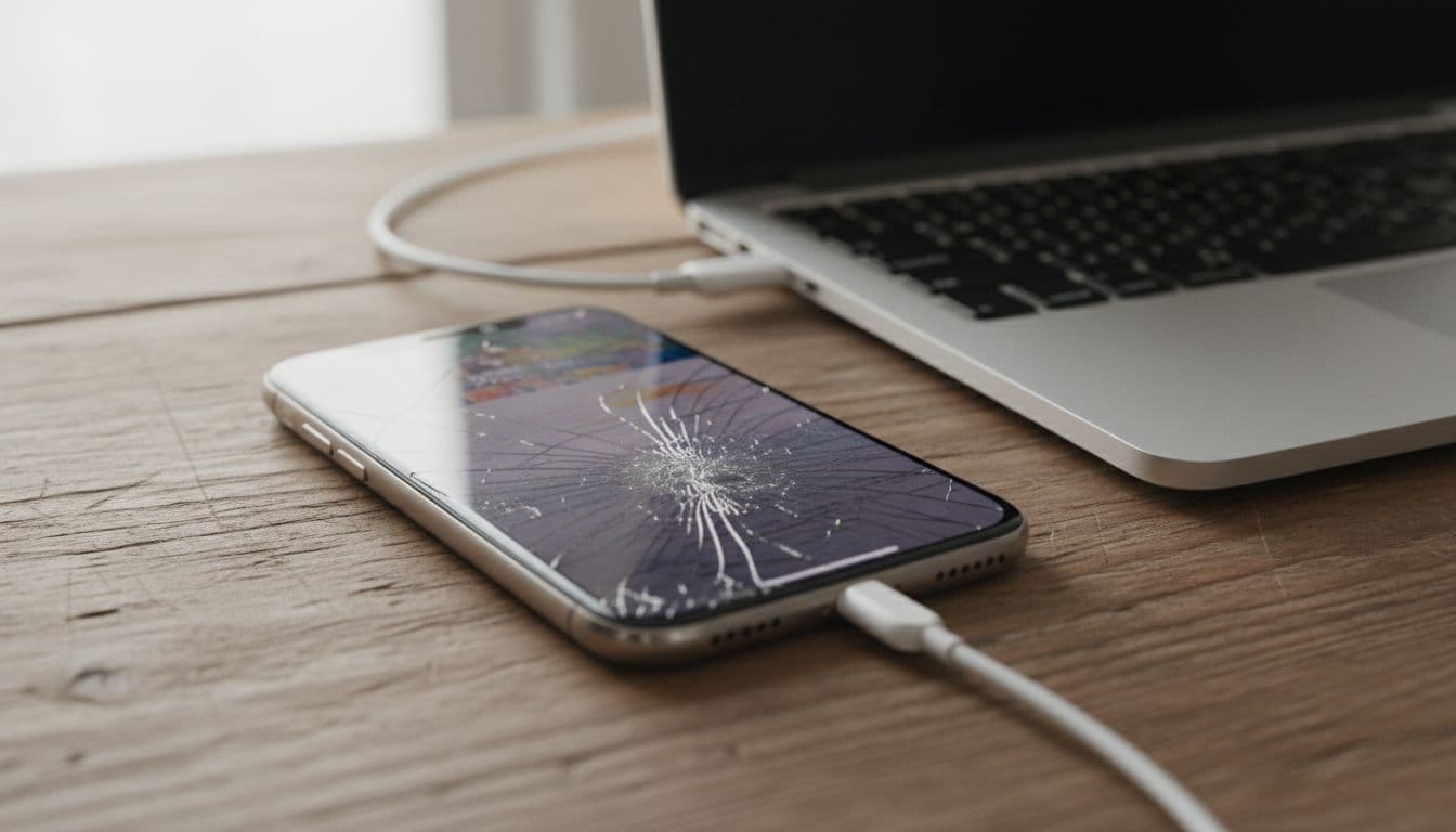 Close-up of cracked iPhone screen on wooden table, powered on, USB cable connected to nearby computer.