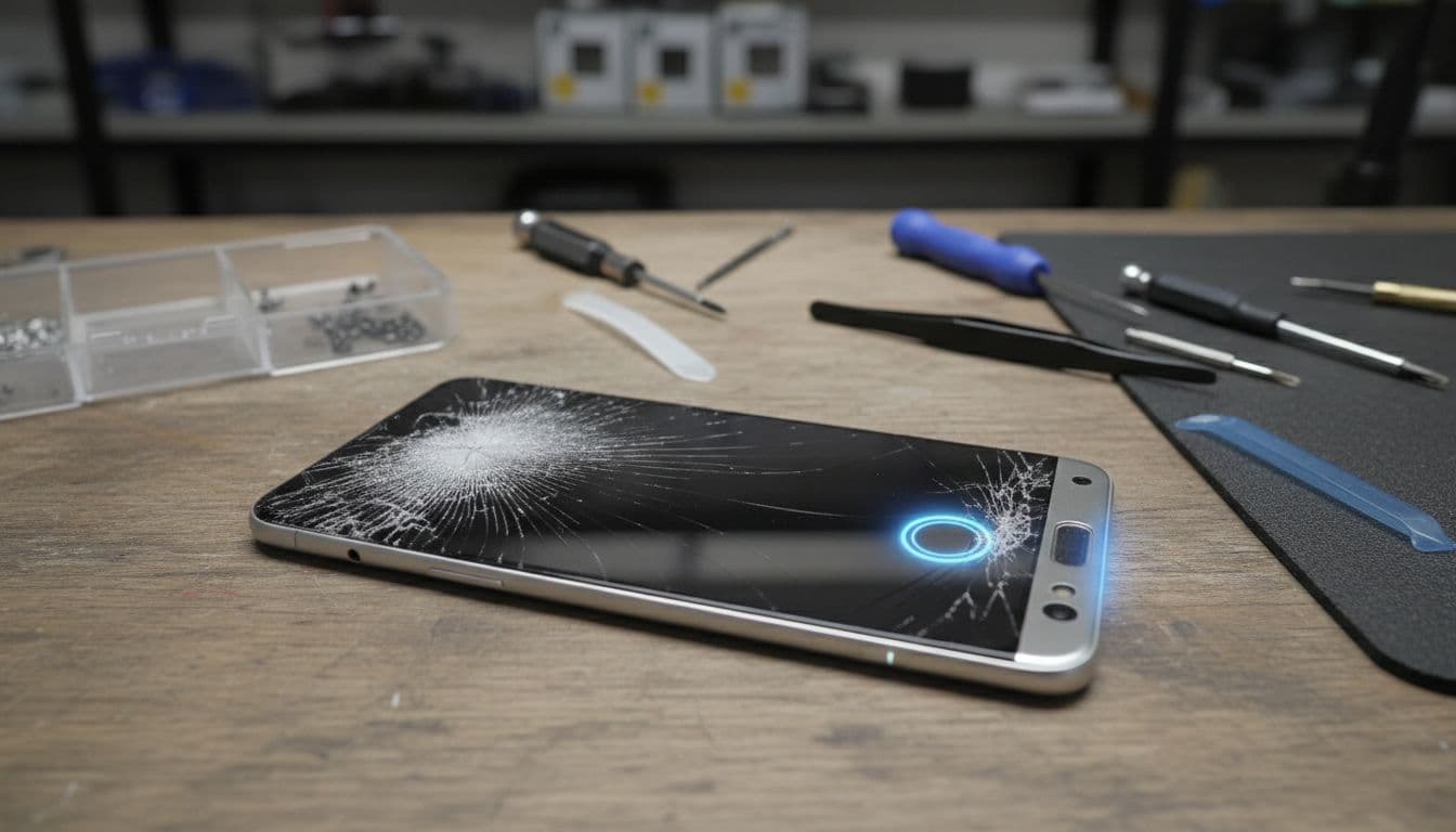 Close-up of Google Pixel smartphone with cracked screen and subtly highlighted side fingerprint sensor on workshop bench amid tools.