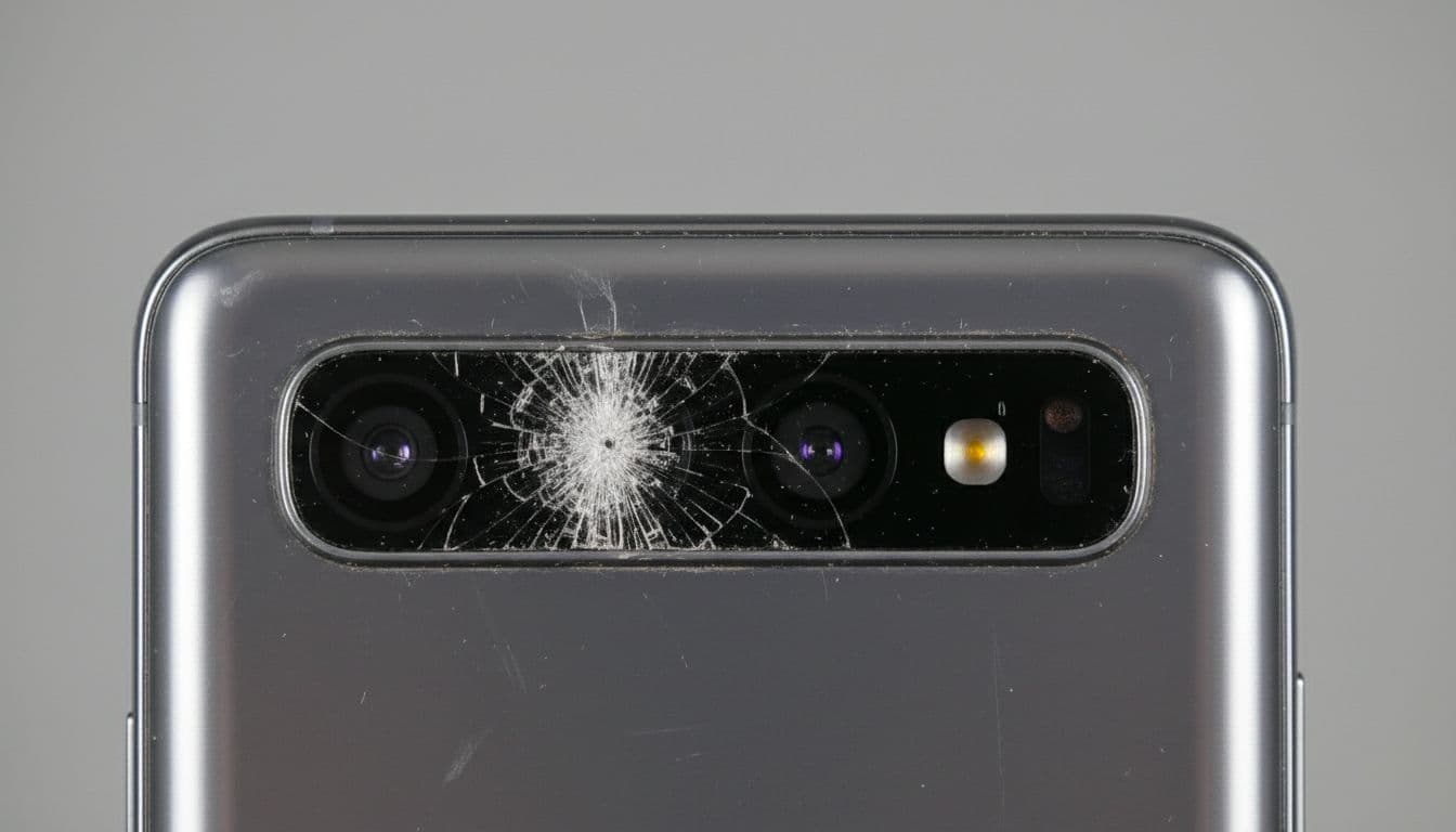 Close-up of Samsung Galaxy S rear showing cracked camera glass with fine cracks and shards over lenses, intact back with minor scuff on grey background.