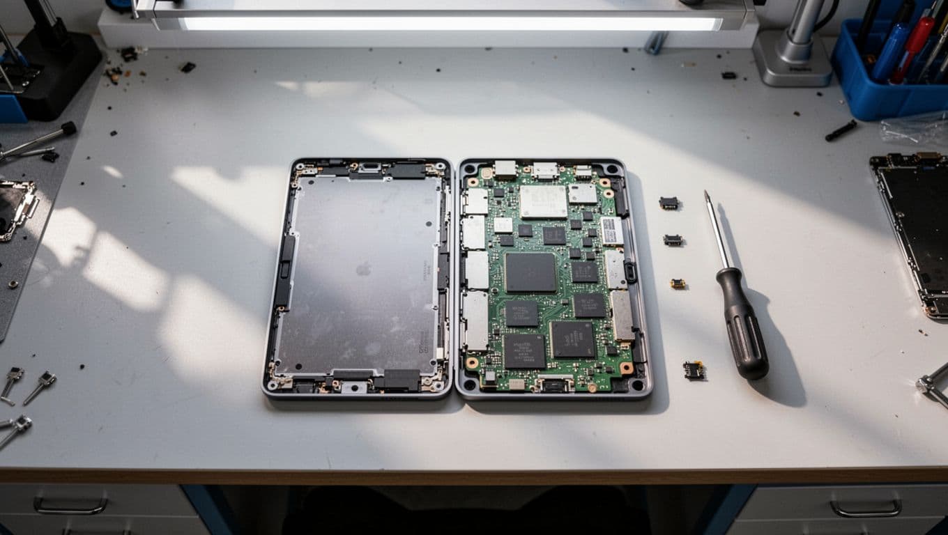 Clean repair workshop bench with disassembled iPad logic board and small tools like screwdriver and connectors nearby, realistic photo style with bright lighting and top-down composition, no hands or people.