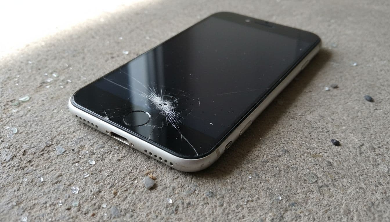 Realistic close-up photograph of a dropped iPhone SE on a concrete floor, featuring a cracked screen edge near the dented and misaligned physical home button, with scattered debris and natural daylight lighting.