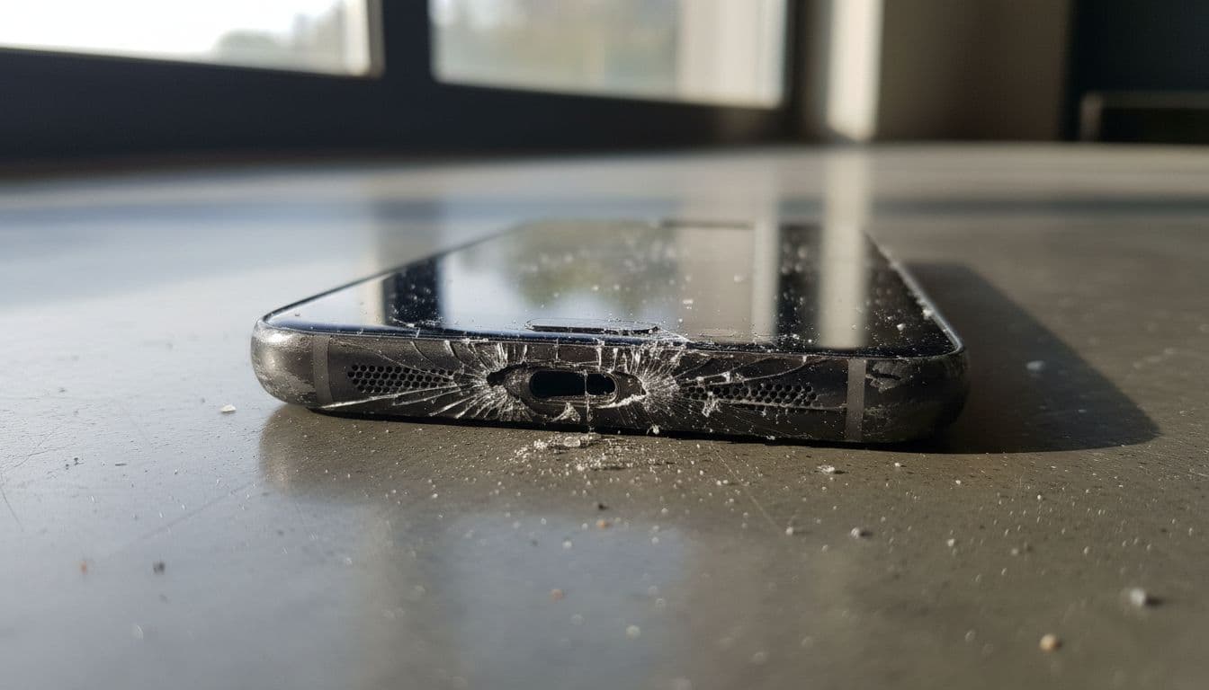 Close-up of a Samsung Galaxy phone dropped on a hard floor, showing damage to the bottom speaker grille with cracks and debris, in natural daylight lighting.