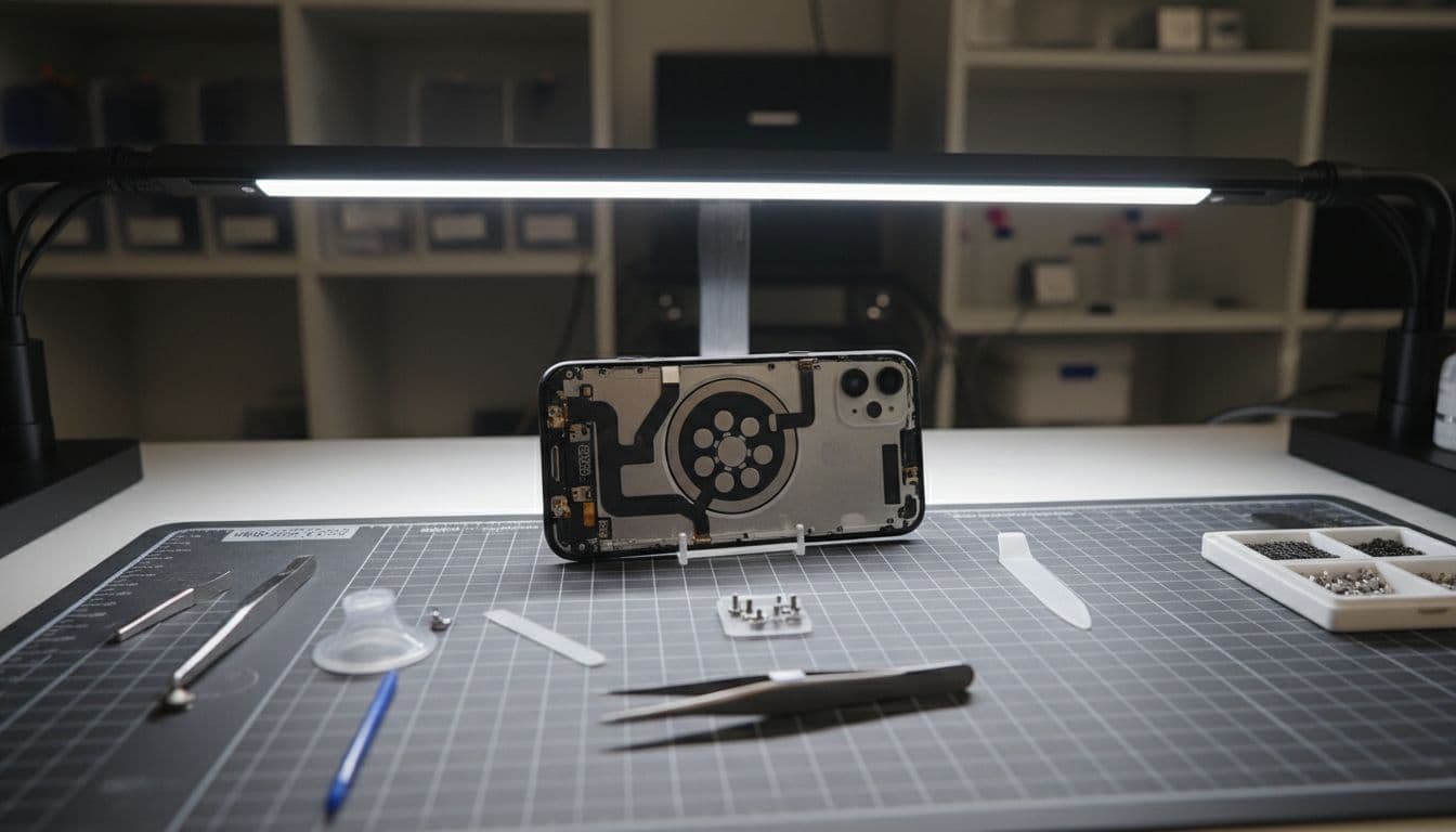 Close-up of an iPhone repair bench with the back panel open, exposing the MagSafe wireless charging coil and magnets, surrounded by precision tools like tweezers and screws under bright workshop lighting.