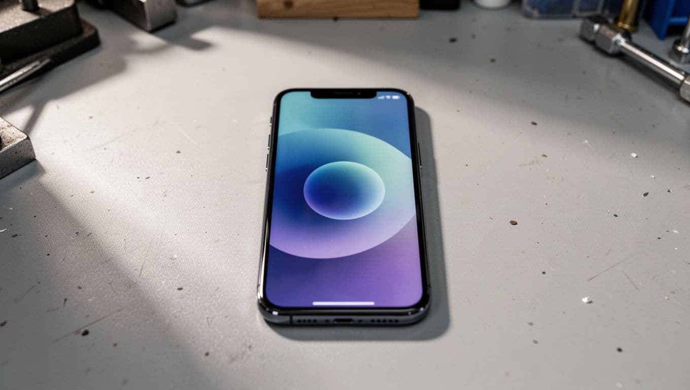 Google Pixel 9 smartphone on a clean workshop bench with screen frozen on Google logo boot animation, soft overhead lighting, realistic photo.