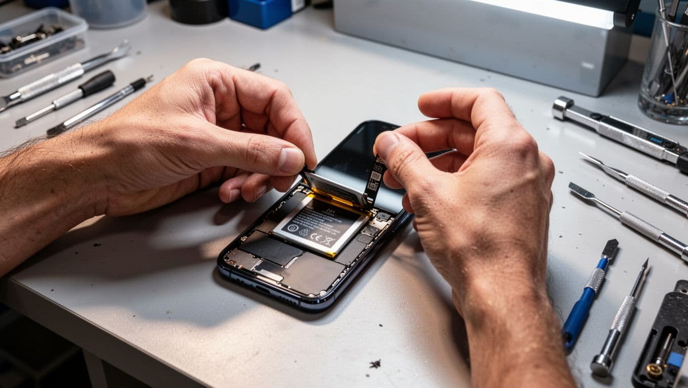Close-up view of a technician's two relaxed hands performing battery replacement on a Google Pixel phone, with tools nearby on a workbench under bright workshop lighting, illustrating professional repair for power issues.