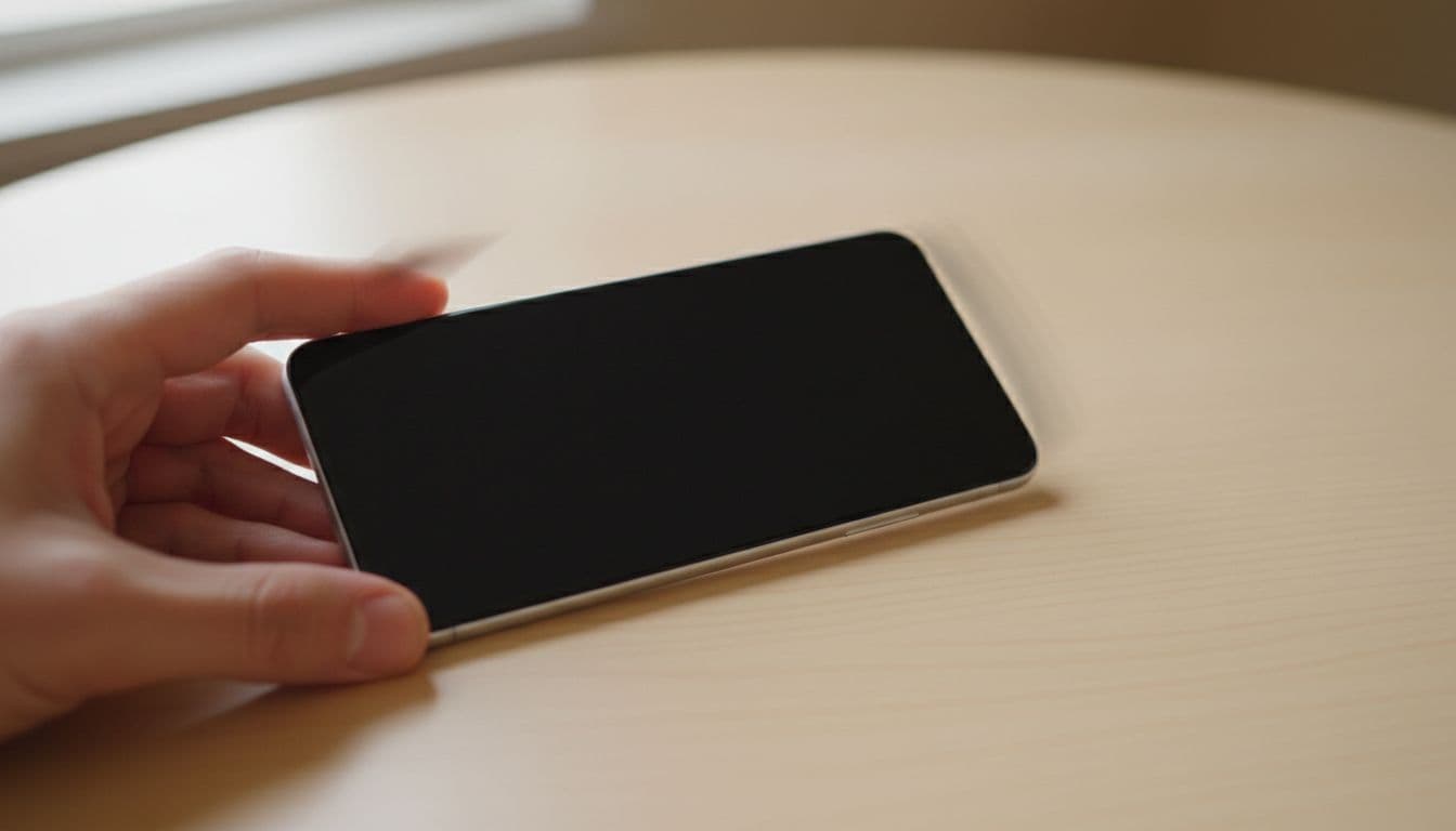 Close-up of a Google Pixel smartphone on a table with a black unresponsive screen and subtle vibration motion blur, held gently by one hand in natural daylight.