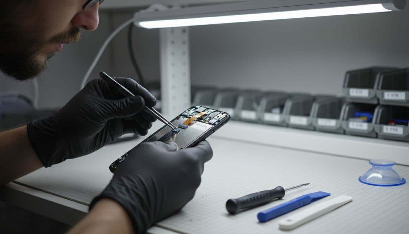 Repair technician at a clean workshop bench working on a disassembled Google Pixel phone, focusing on display cable reconnection with tools nearby.