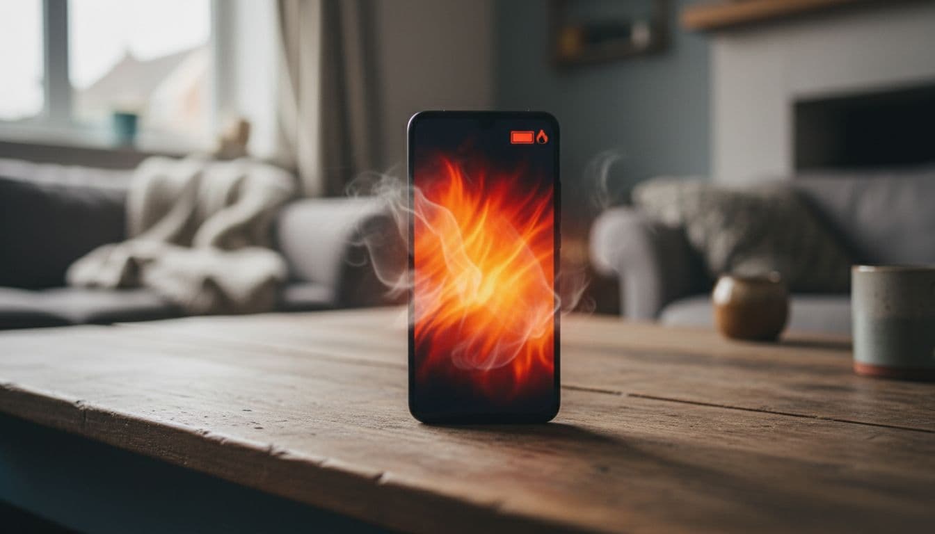 A close-up of a Google Pixel smartphone on a wooden table in a UK home setting, with heat waves rising from the back and battery icon indicating high usage.