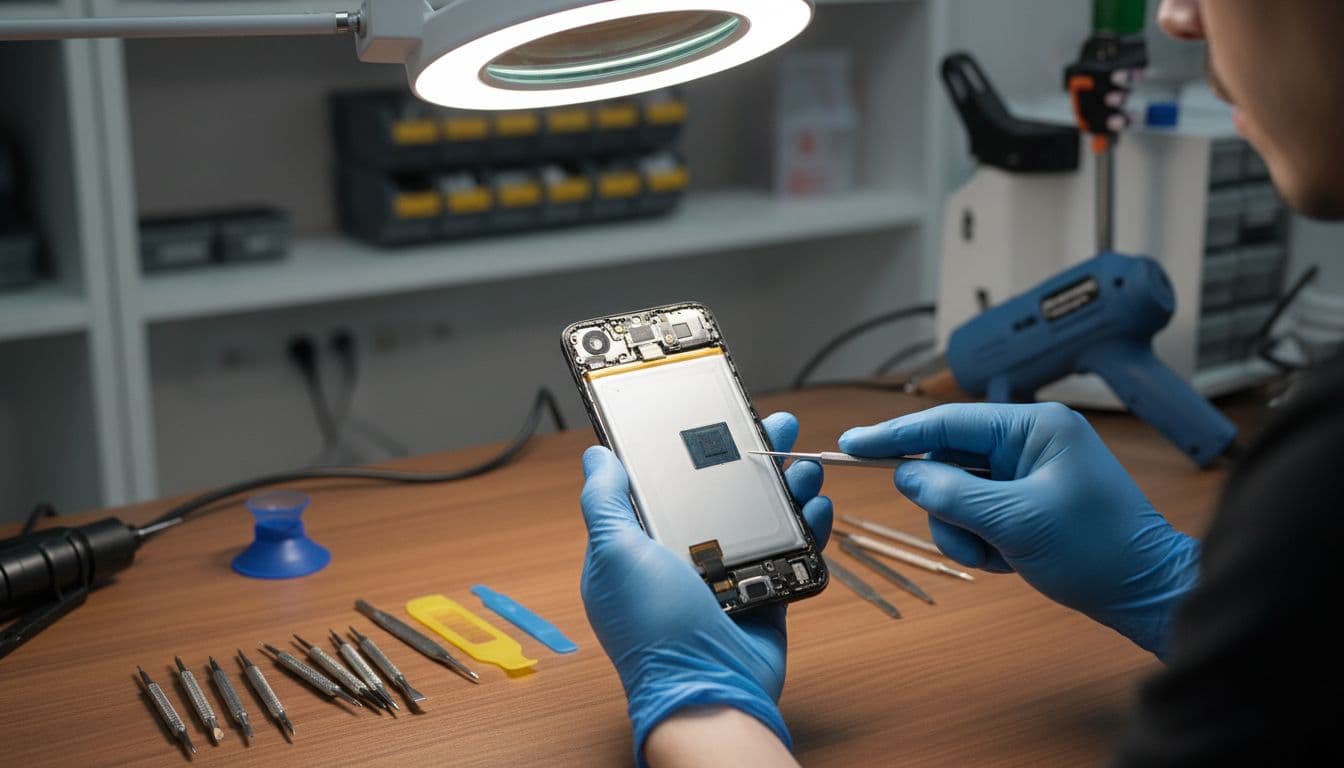 A gloved technician in a bright, clean workshop holds a disassembled Google Pixel phone, exposing the battery and processor area with tools on the nearby workbench.