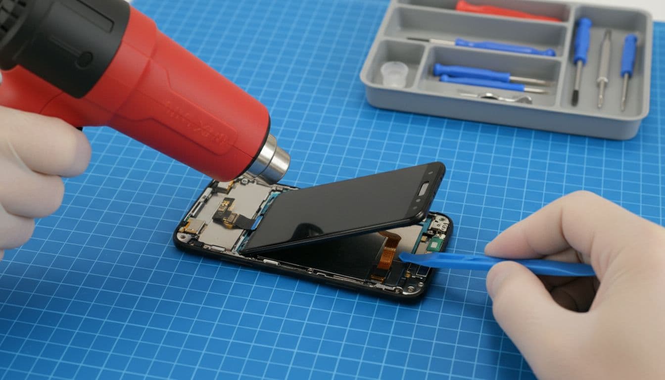 Hands use heat gun and pry tools to remove screen assembly from Google Pixel on anti-static mat.