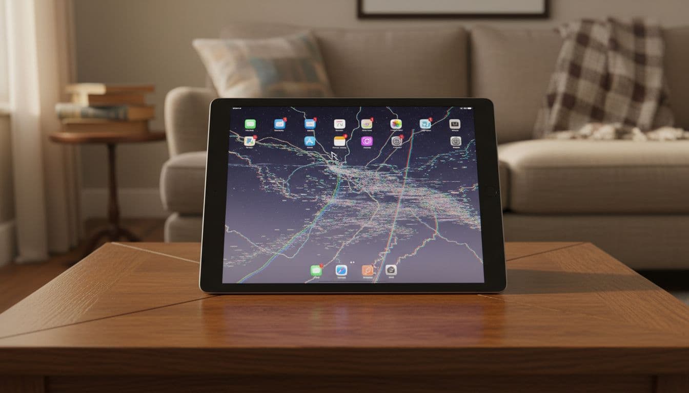 iPad tablet on a wooden desk in a cosy UK living room shows erratic phantom touches with random app openings and cursor jumps, realistic glitch effect in soft sunlight.