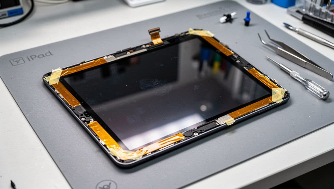 Partially disassembled Apple iPad screen assembly on a grey anti-static repair mat with thin Kapton tape applied along all four edges of the digitizer to prevent electrical shorts causing ghost touch.