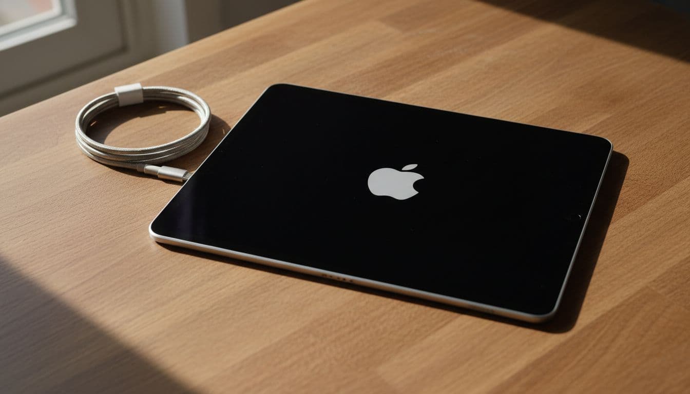 Modern iPad Pro tablet displaying the stuck Apple logo on screen during boot, placed flat on a wooden kitchen table next to a charging cable. Realistic photograph in natural daylight from window, high detail.