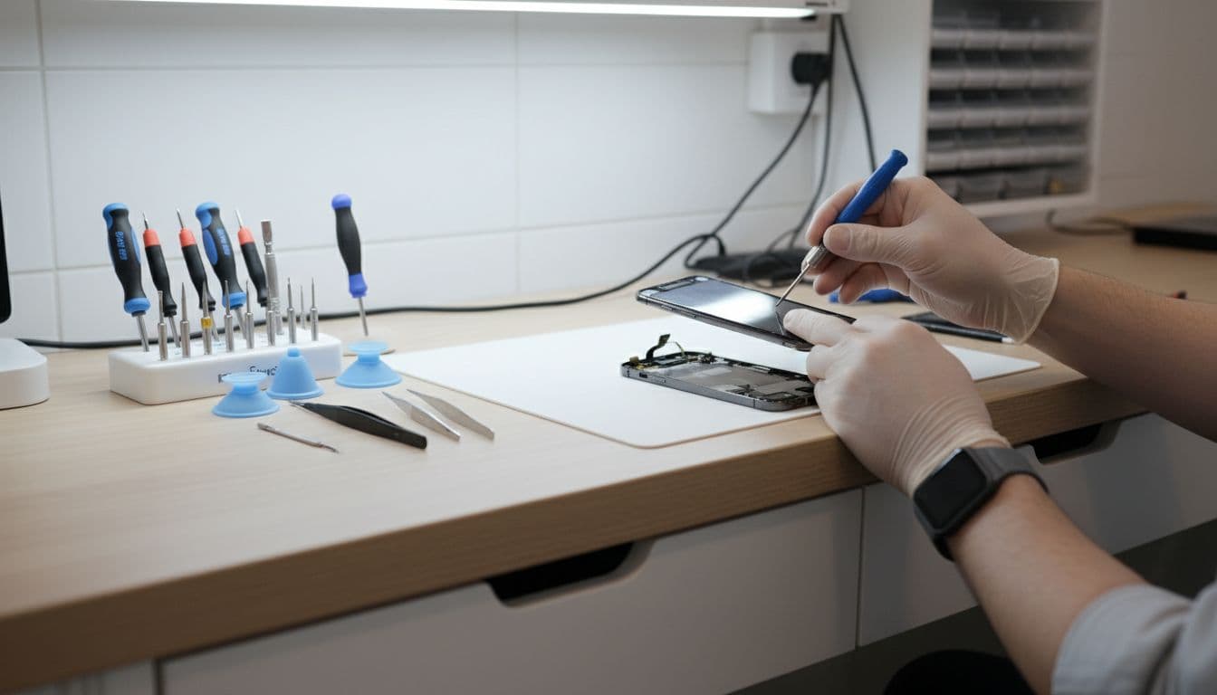 Close-up of technician installing new screen on iPhone 15 at clean workshop bench with tools.