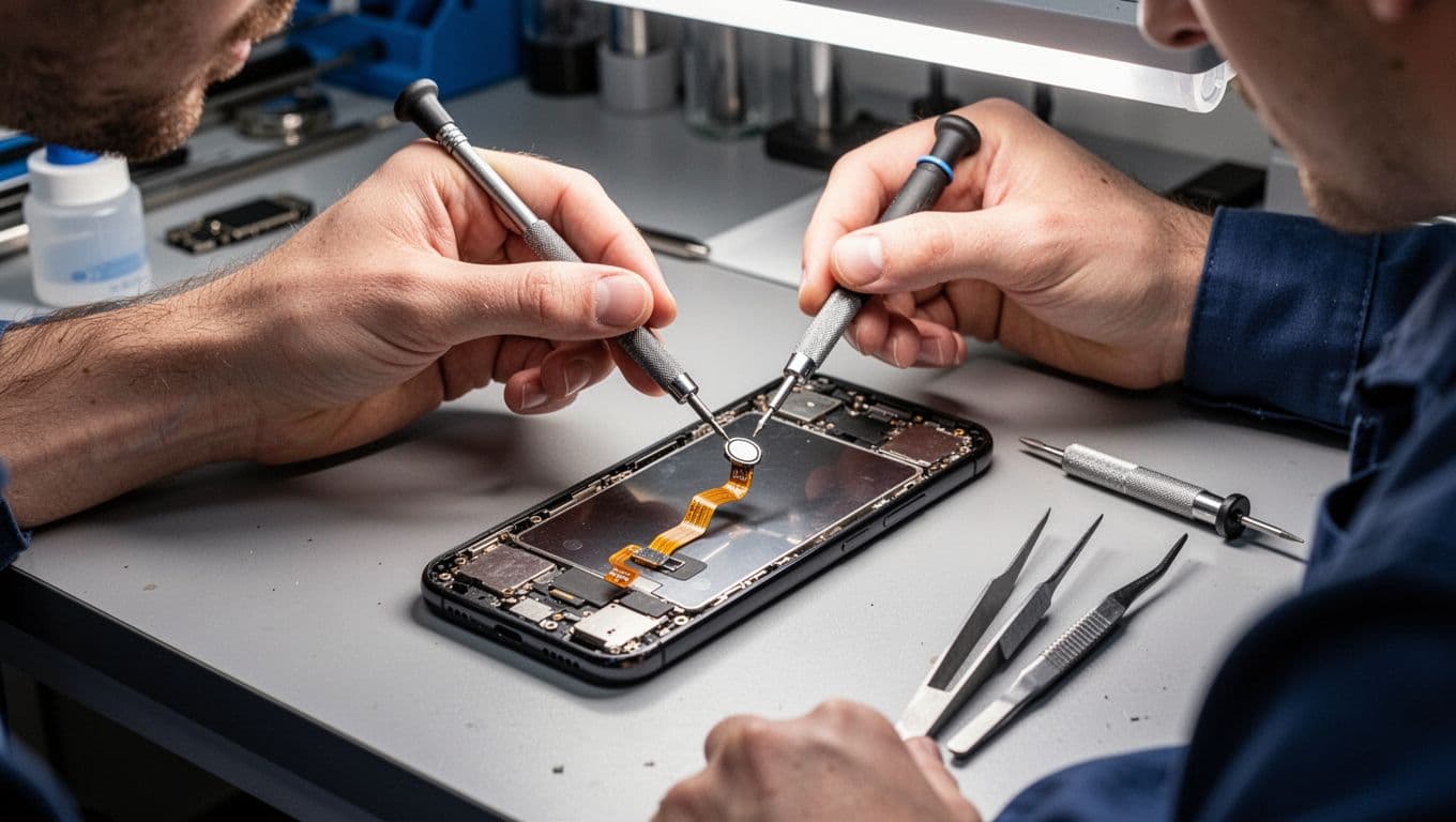 Professional technician repairing iPhone 8 home button in a clean UK workshop, device disassembled with flex cable exposed, precision tools like screwdriver and tweezers nearby, bright lighting, high detail realistic photo.