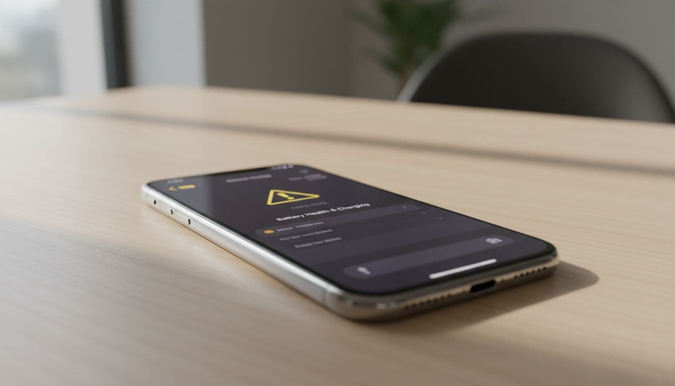 Modern iPhone on a clean desk displaying battery health settings at an angle, with soft blur obscuring text and subtle low battery indicator, in natural daylight, high detail realistic photo.