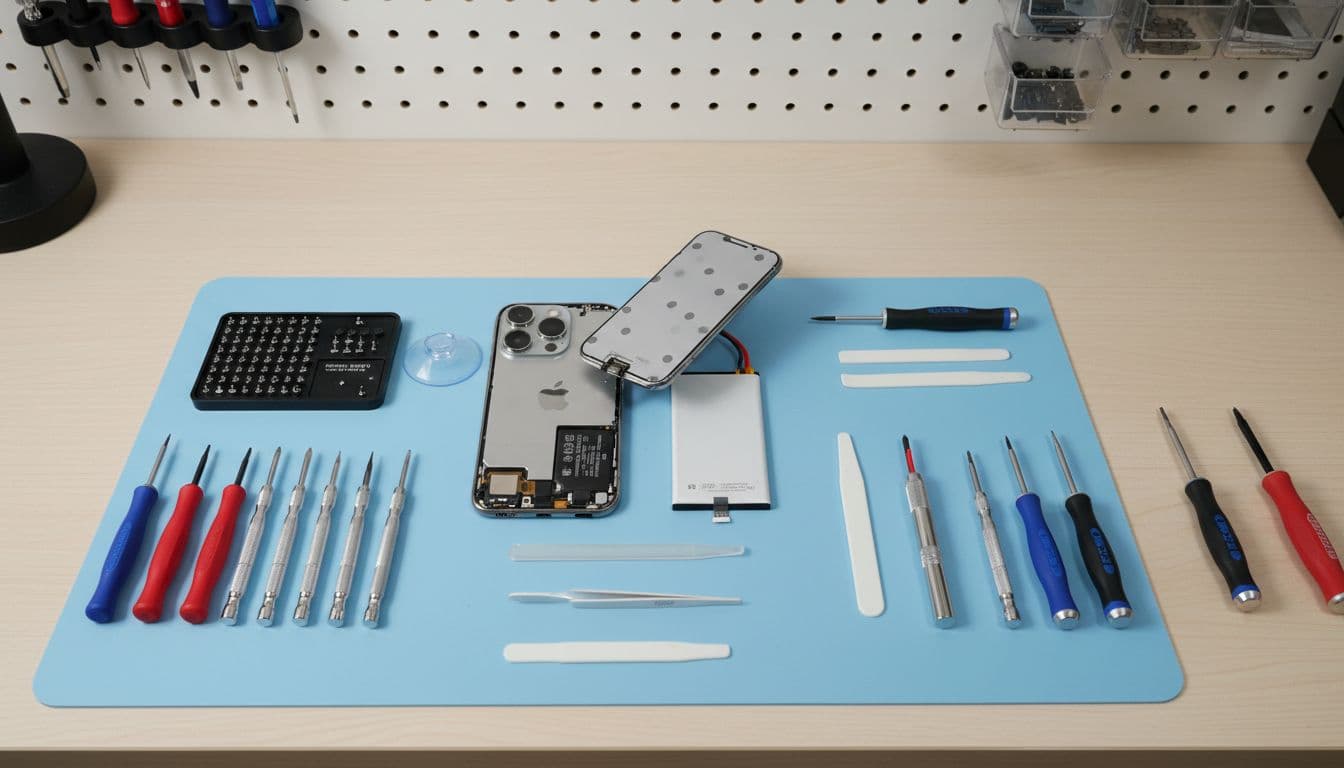Bright professional phone repair workshop bench with iPhone partially disassembled for battery replacement, quality tools like screwdrivers and spudger neatly arranged beside it, fresh battery nearby, clean organised workspace under natural overhead lighting.