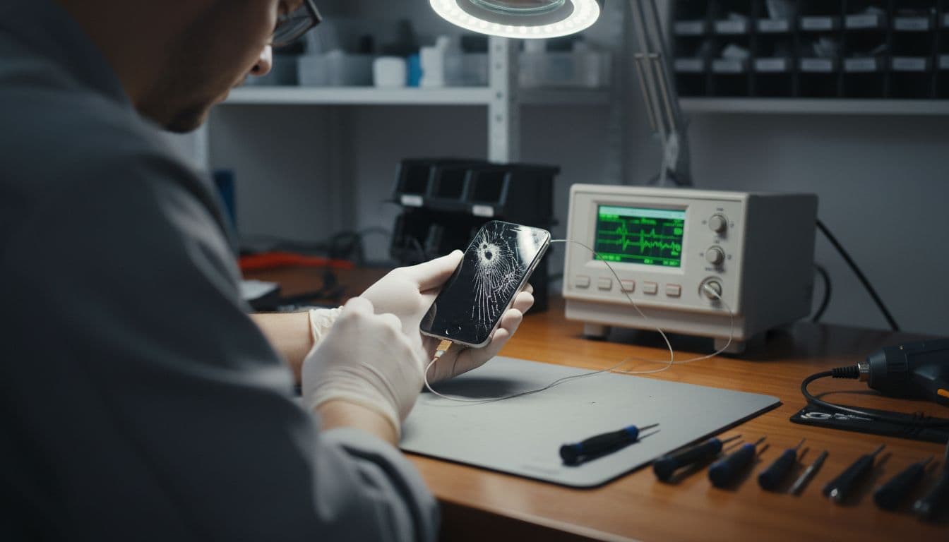 Technician connects damaged iPhone with cracked screen to diagnostic equipment on workbench in clean workshop.