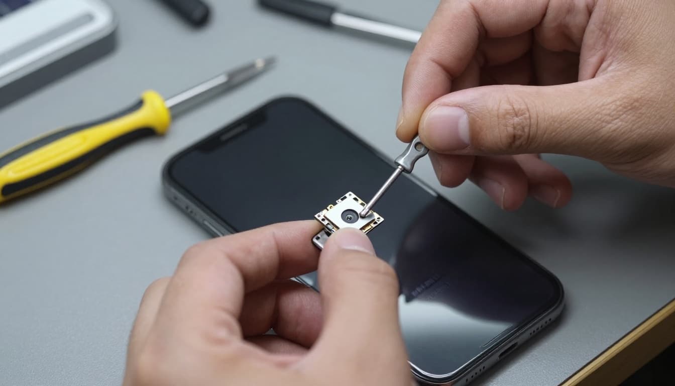 Close-up of technician's hands opening an iPhone on a repair bench, exposing internal sensors like the gyroscope, with tools nearby in a clean workshop.