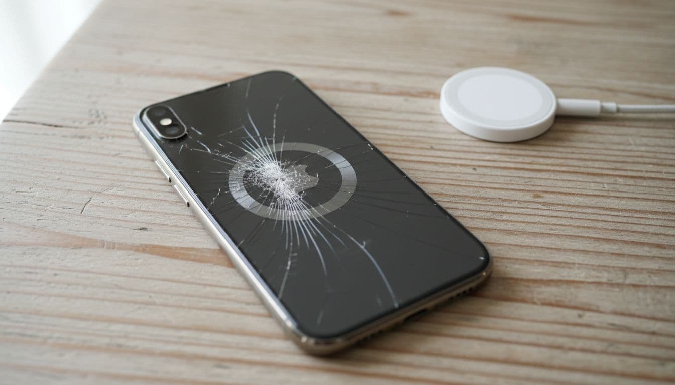 iPhone lying face down on a wooden table with back glass slightly cracked near the MagSafe charging ring from a drop, MagSafe charger nearby not attaching magnetically, natural indoor lighting, realistic photo.