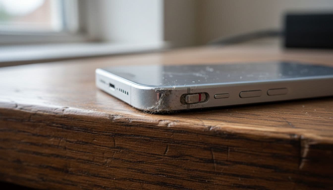 Close-up view of an iPhone 14 side edge with the silent switch jammed slightly by dust and lint after a drop impact, on a wooden workbench in natural daylight.