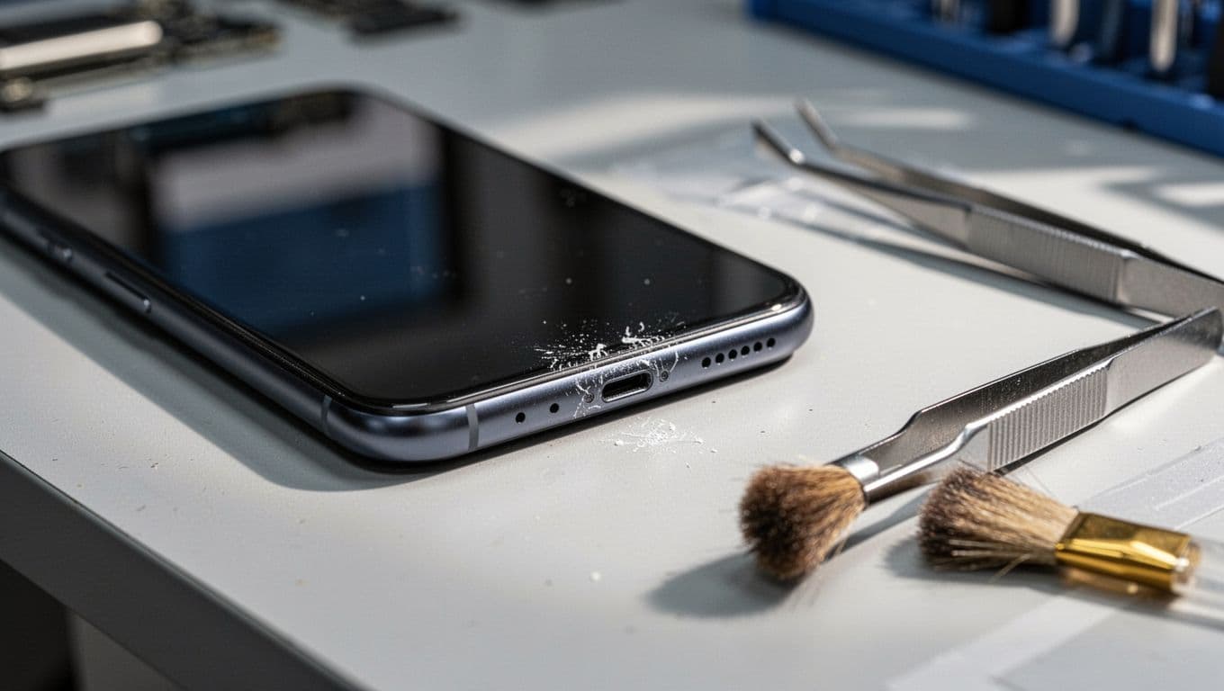 iPhone placed on a clean repair bench in a professional UK mobile phone workshop, close focus on the silent switch area with subtle signs of recent cleaning or repair, precision tools like tweezers and soft brush nearby.