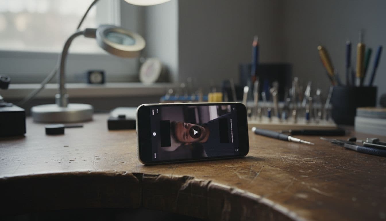 iPhone tilted sideways on a wooden table with screen showing a video app stuck in portrait mode refusing to rotate, in a realistic workshop setting with repair tools blurred in background.