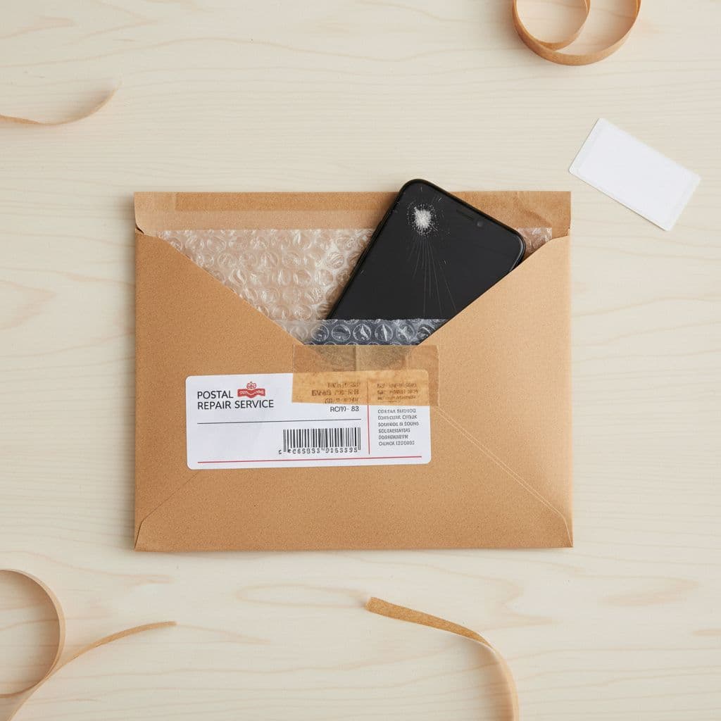 Top-down realistic view of a padded envelope containing a mobile phone, ready for postal repair service with blurred Royal Mail label, secure packaging on a table under soft lighting.