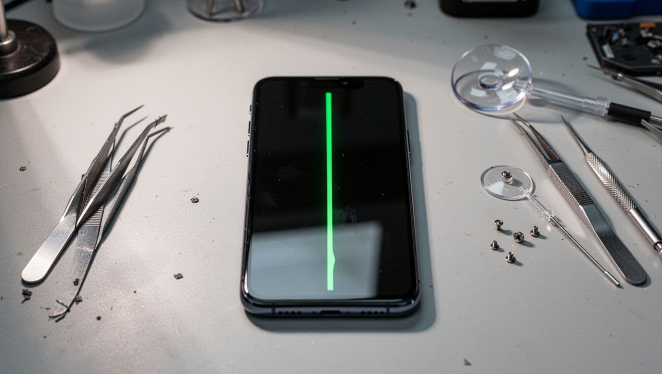 Google Pixel 8 on repair bench shows single vertical green line on black screen, surrounded by tweezers, suction cup, and screws.