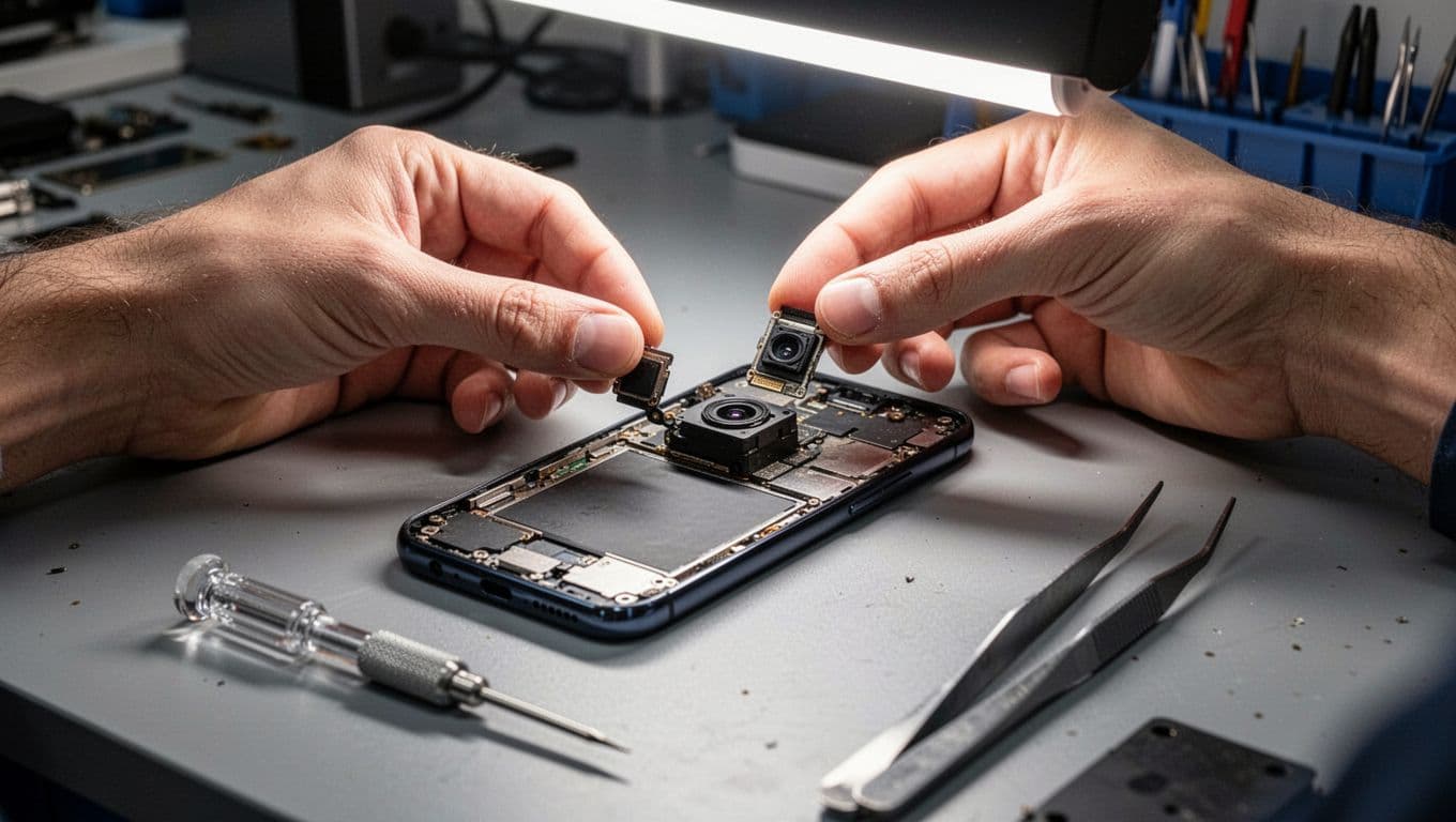 Hands replacing camera module in disassembled Google Pixel phone on repair bench with screwdriver and tweezers nearby.