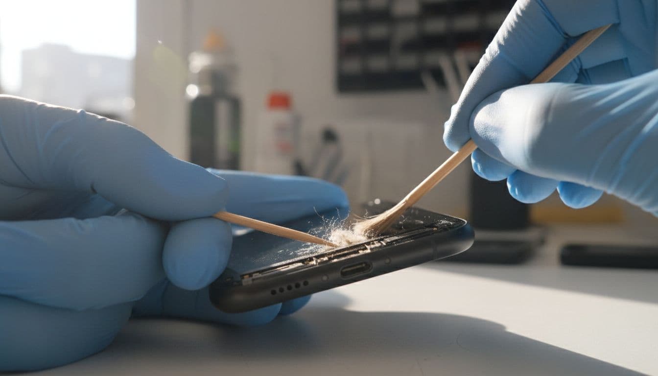 Close-up view of gloved hands carefully cleaning a Google Pixel smartphone's USB-C charging port with a wooden toothpick and soft brush in a well-lit repair workshop.