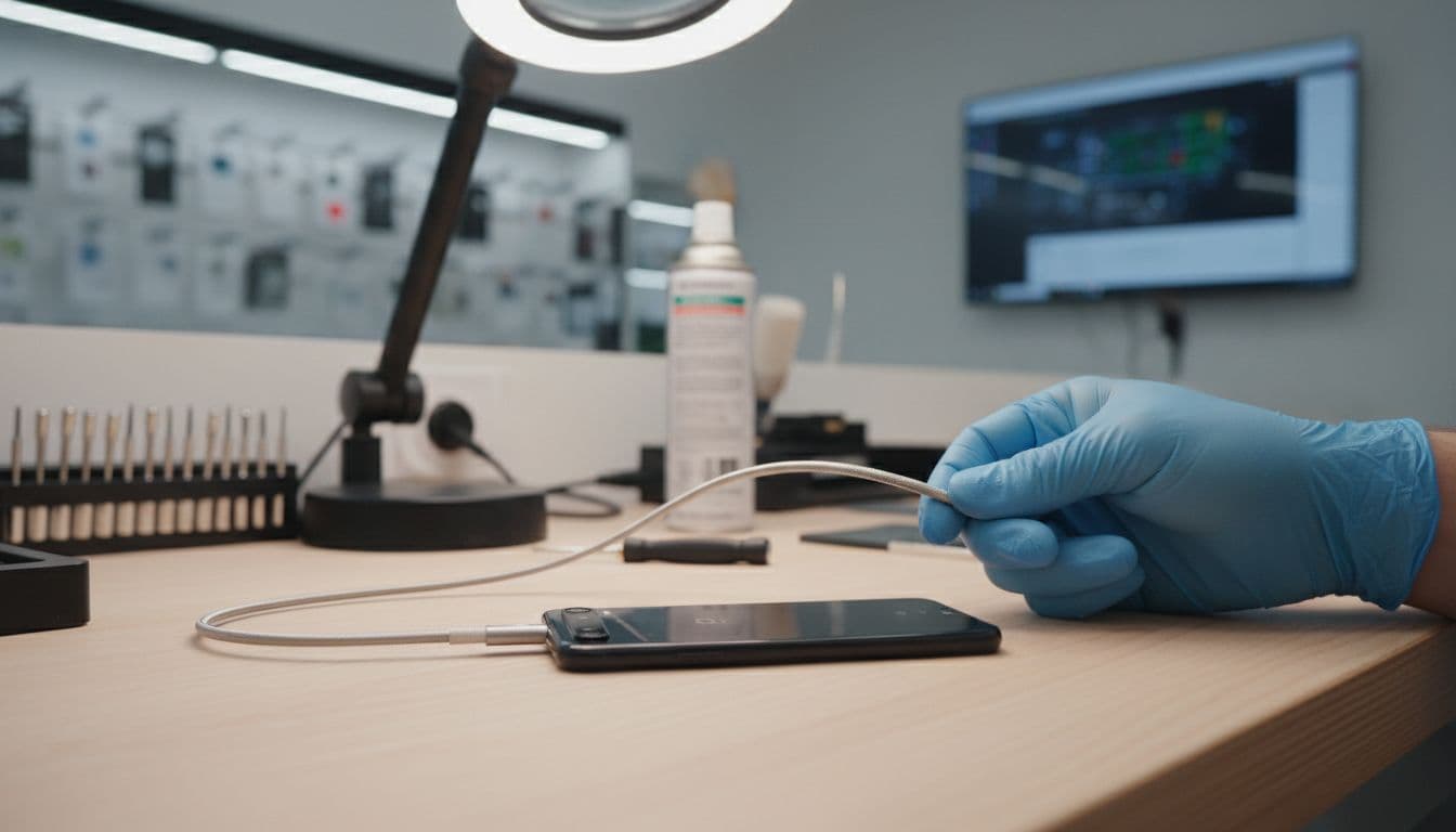 Workshop scene with Google Pixel phone on repair bench, USB-C cable testing charging port, technician's hand adjusting, tools nearby, modern clean background.