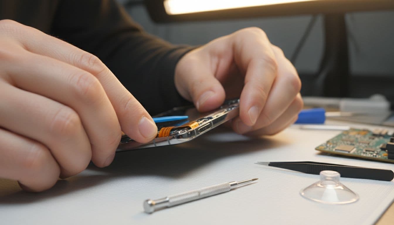 Two hands open Google Pixel phone chassis on repair bench, tools nearby, focus on side fingerprint sensor.