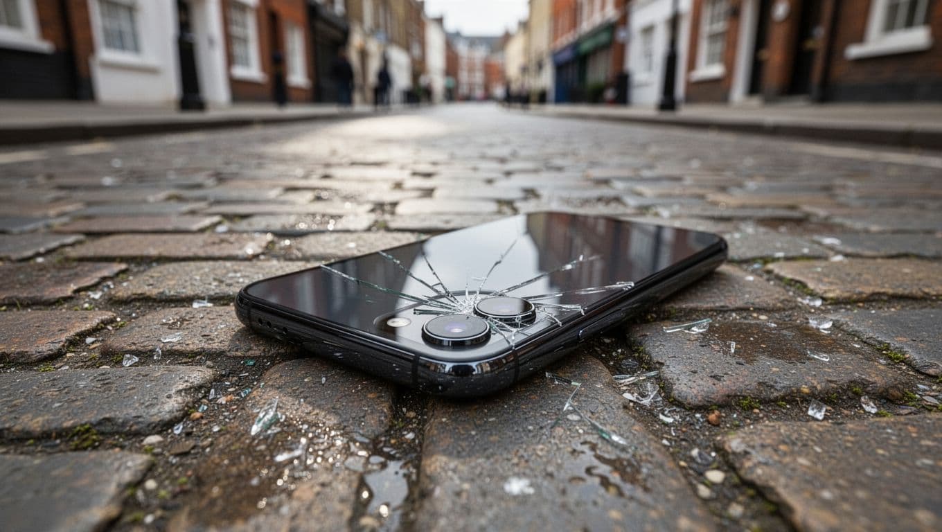 Pixel phone on urban pavement with cracked, misaligned camera lens and blurred street background.