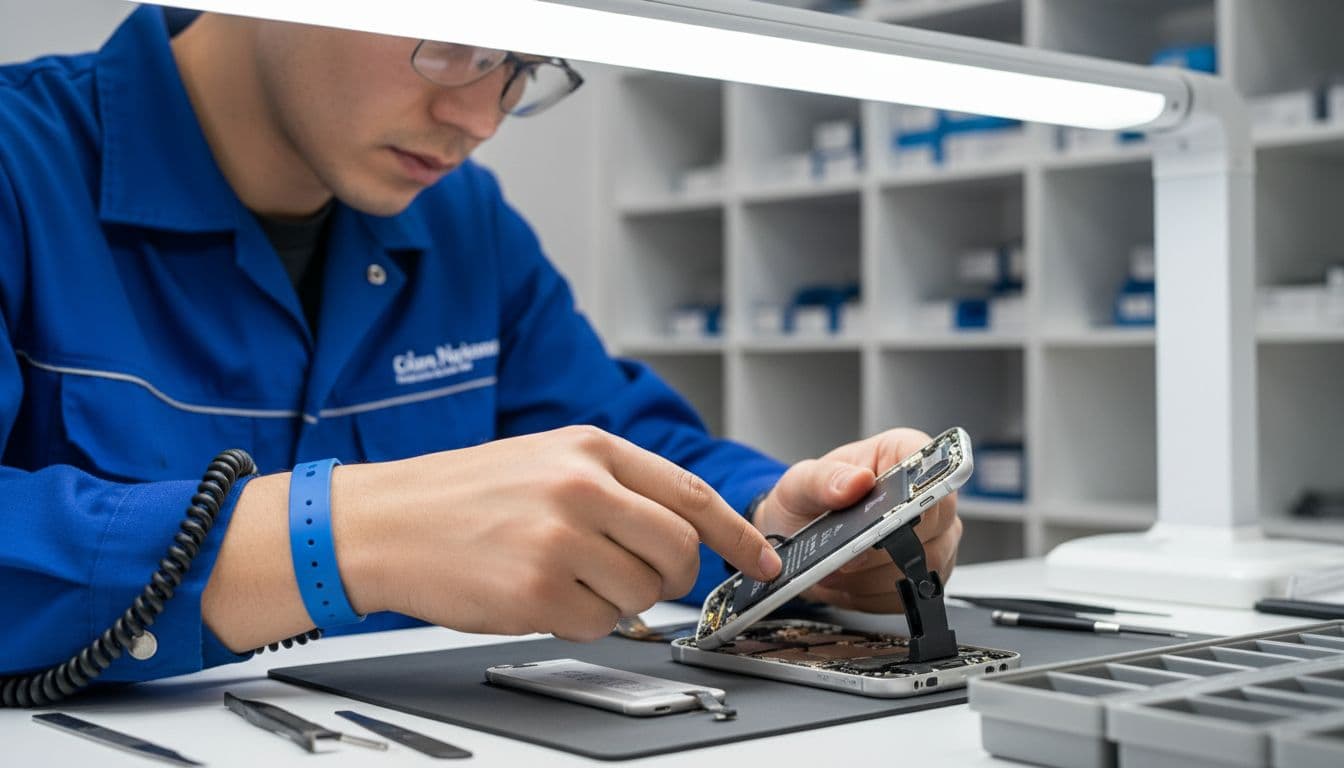 A single repair technician in a clean UK workshop replaces an iPhone battery, wearing an anti-static wristband, with the chassis open on the workbench and focus on careful installation.