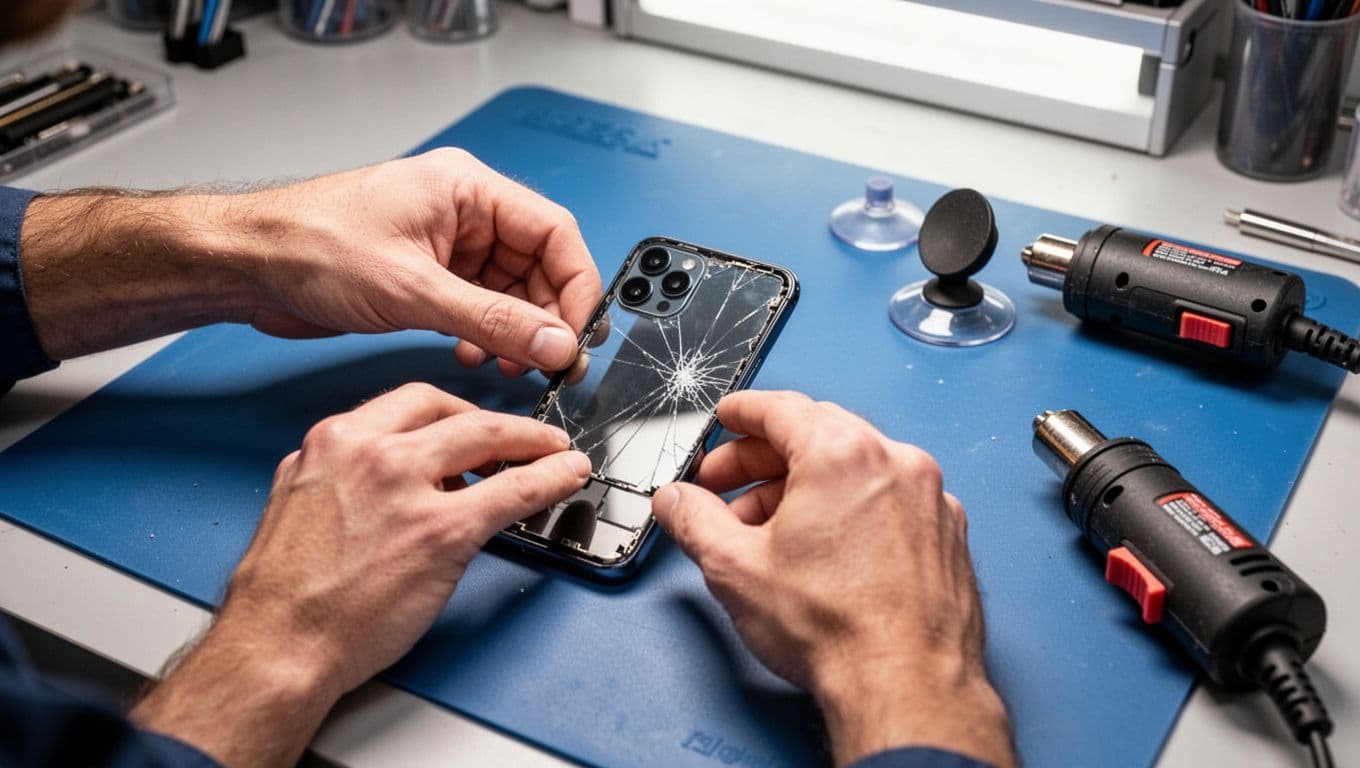 Hands remove cracked rear camera glass from centered Samsung Galaxy phone on blue anti-static mat in clean workshop.