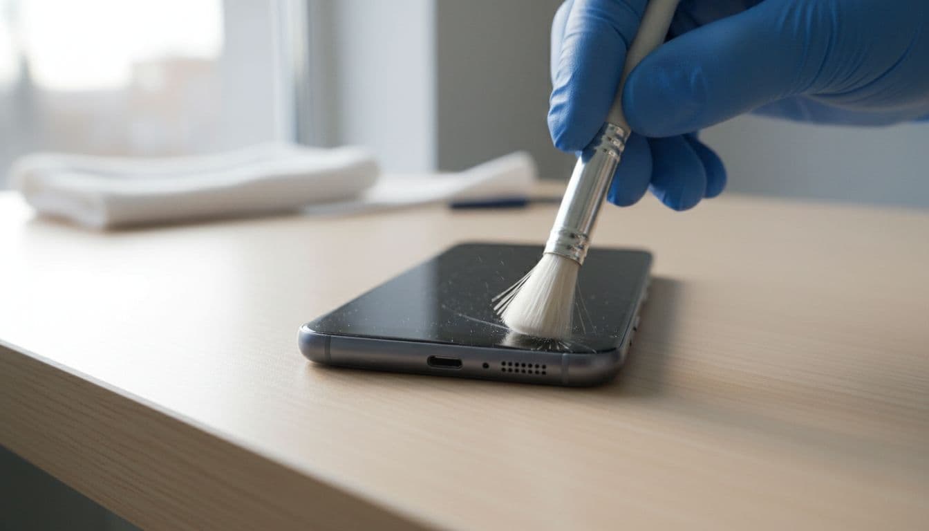 Close-up of a Samsung Galaxy smartphone on a repair bench after a drop, with a technician's gloved hands using a soft brush to clean the bottom microphone grille, showing subtle dust under bright natural light.