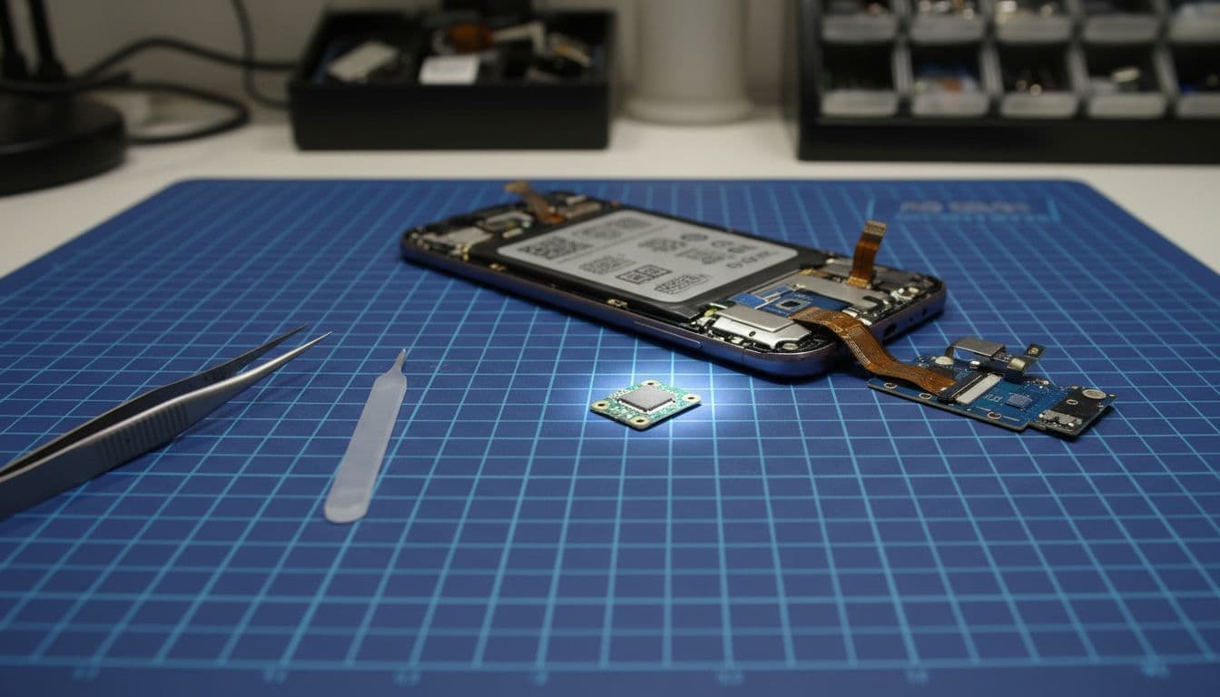 Close-up of a partially disassembled Samsung Galaxy phone on an anti-static repair mat in a workshop, highlighting the microphone component with natural lighting and nearby tools.