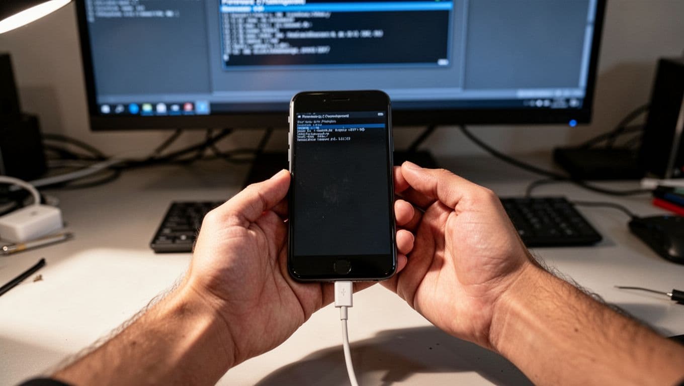 Close-up of a technician's hands gently holding a Samsung Galaxy phone connected to a PC via USB cable on a workshop bench, with Odin flashing process blurred on background monitor. Realistic photo with natural overhead lighting, focus on phone and cable, no faces or logos.