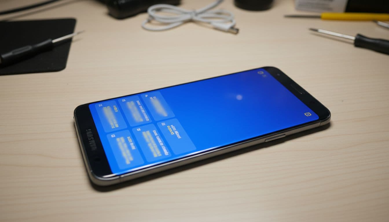 Samsung Galaxy S series smartphone screen displaying Odin mode interface with blue background, placed on a clean repair bench in a workshop. Top-down realistic photography with soft lighting, no readable text, hands, people, watermarks, or logos.