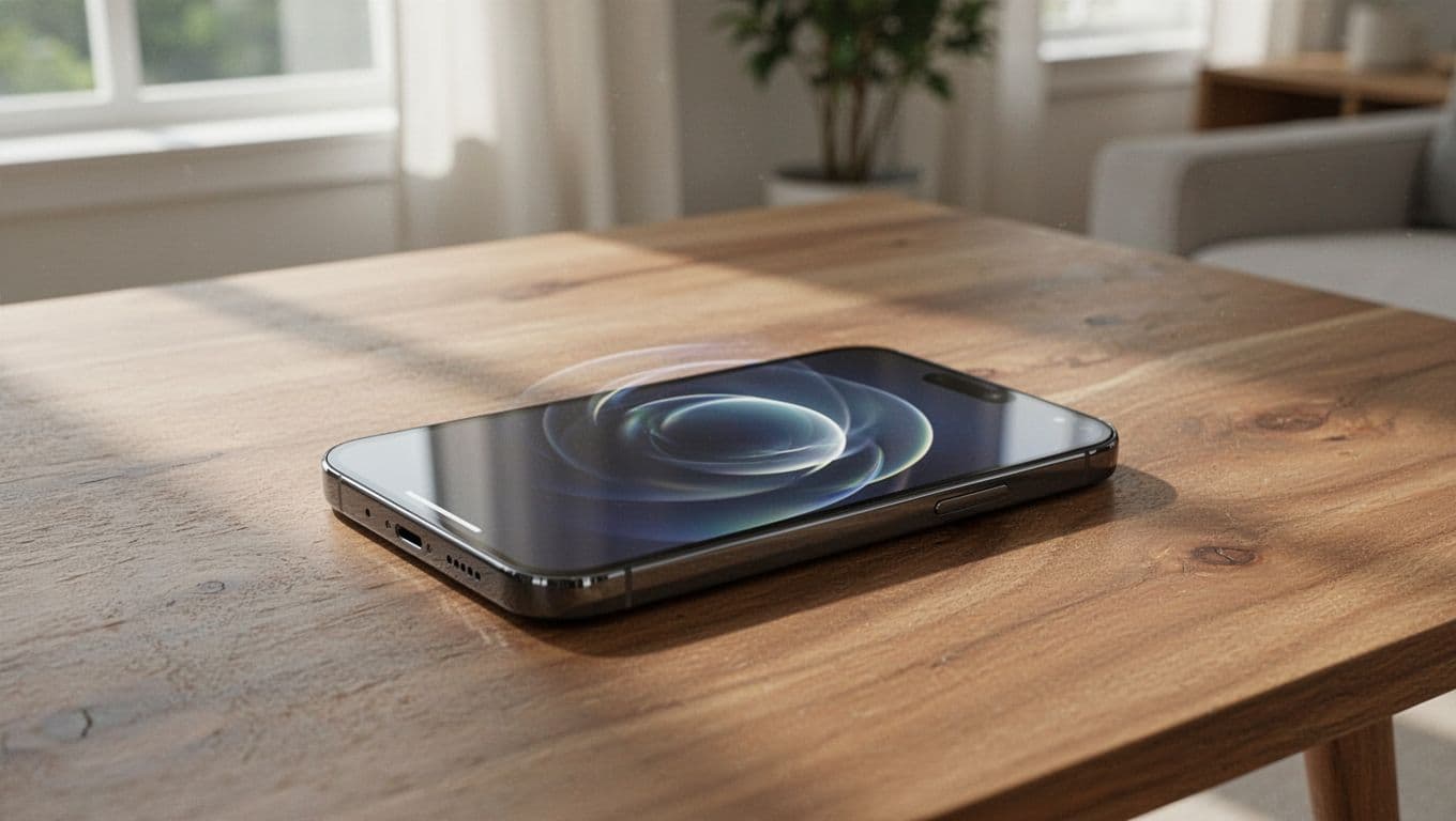 Samsung Galaxy S series smartphone on a wooden table in a home setting, screen displaying Samsung logo boot animation with subtle motion blur indicating a looping restart.